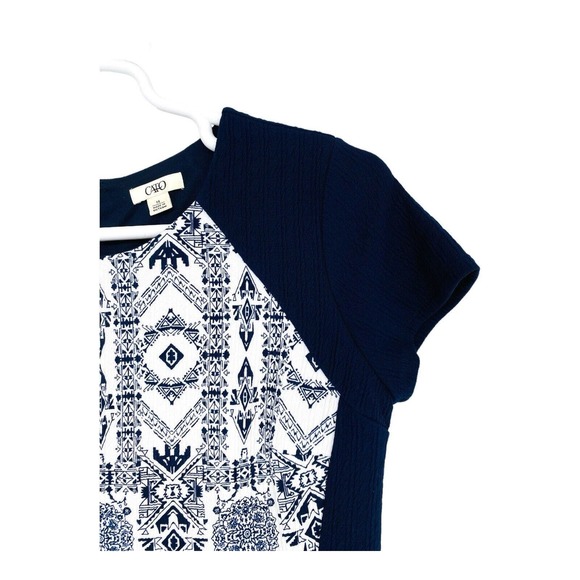 Cato Sheath Dress Geometric Pattern Lined White Navy 14 Short Sleeve - Picture 3 of 9